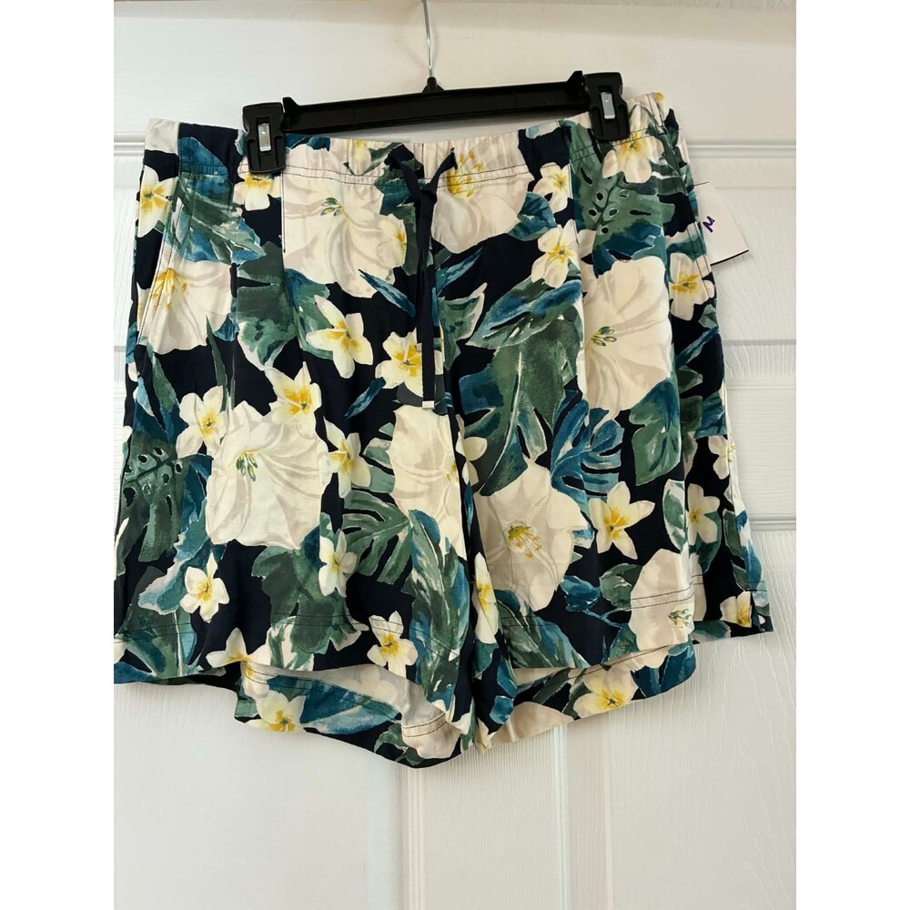 Womens Tropical Floral Shorts Navy Elastic Waist Drawstring Medium Petite